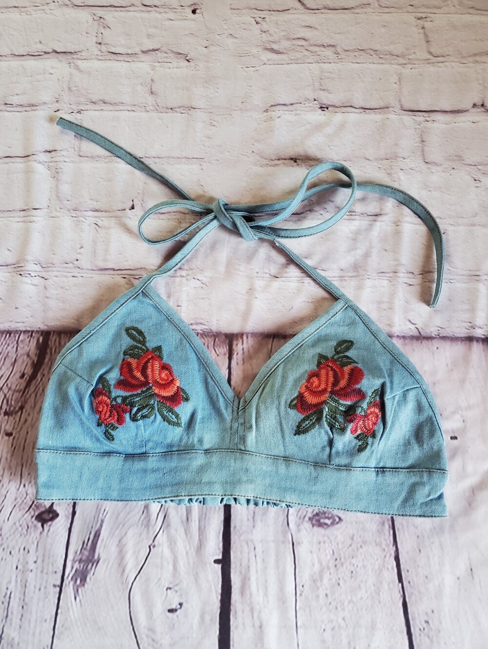 essue Light Blue Denim Halter Bralette with Red Rose‎ Embroidery Bohemian Beachy